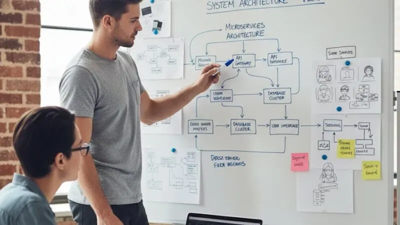 Developer working at whiteboard on software architecture